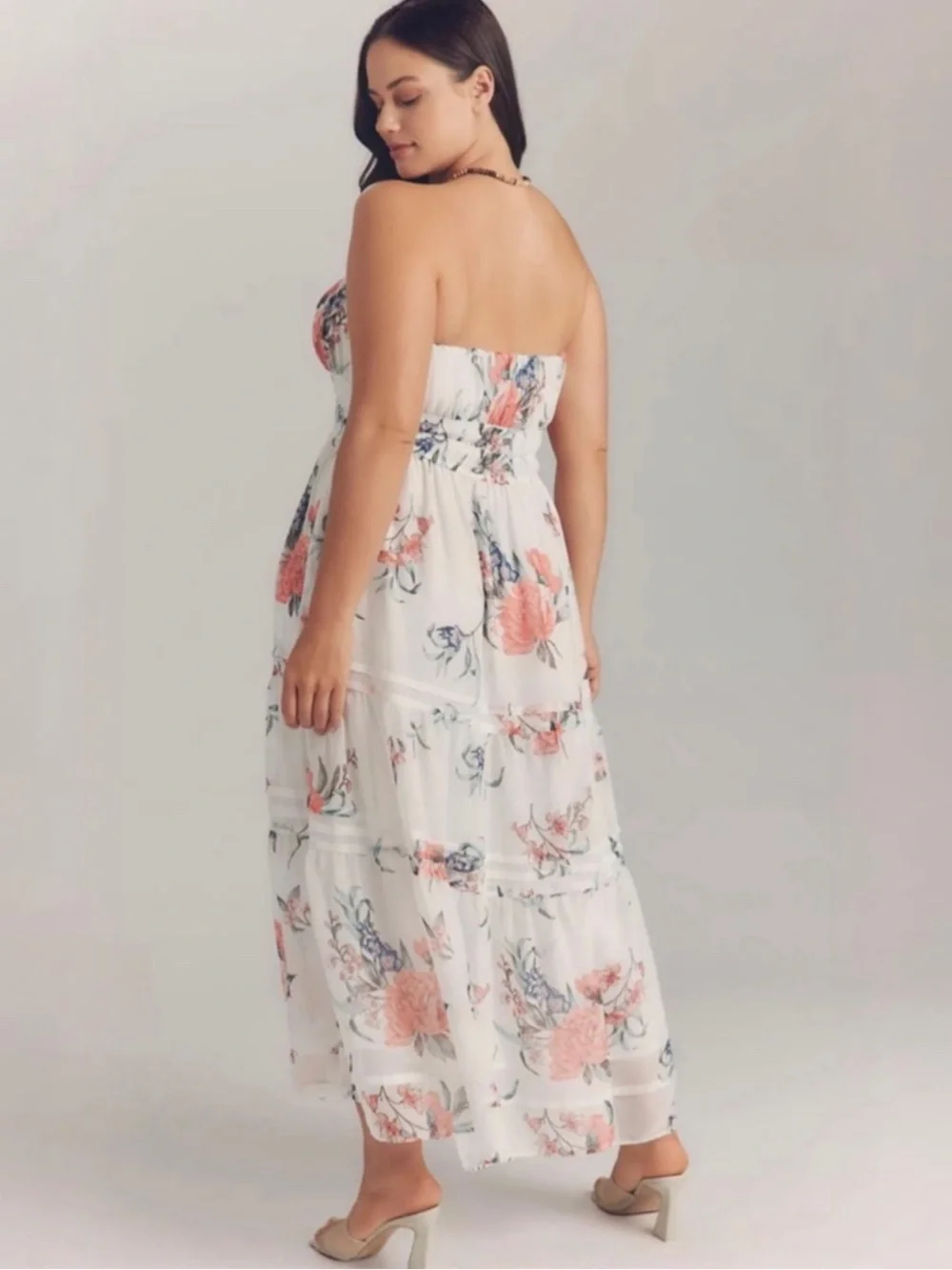 Anthropologies Somerset Strapless Smocked Floral Midi Dress Ivory Cottagecore M
